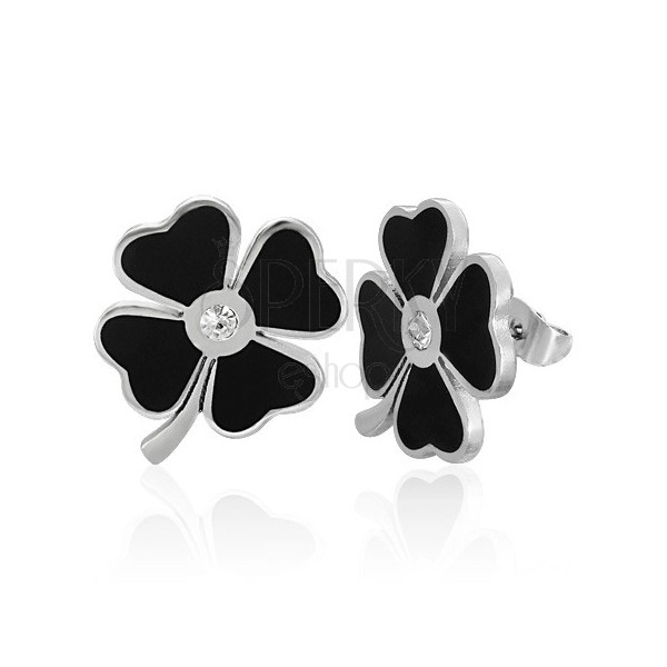 Earrings made of 316L steel, black glazed four-leaf clover for good luck