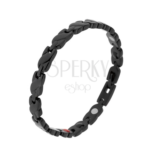 Black steel bracelet, rectangular links with oblique stripe, magnets