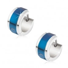 Earrings made of steel in silver colour, blue shiny stripes in the middle