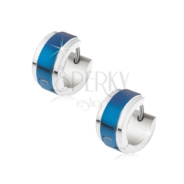 Earrings made of steel in silver colour, blue shiny stripes in the middle