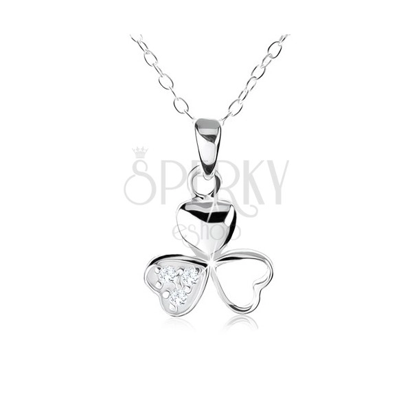 Necklace made of 925 silver, decorative three-leaf clover, clear zircons