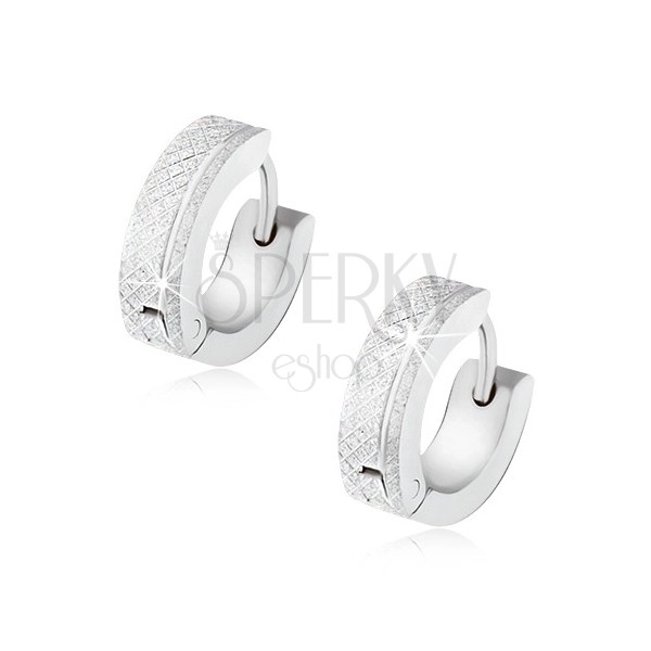 Glittering steel earrings of silver colour, square pattern, shiny notch