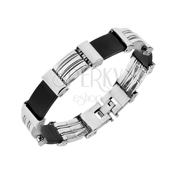 Steel and rubber bracelet, silver and black colour, decorative notches