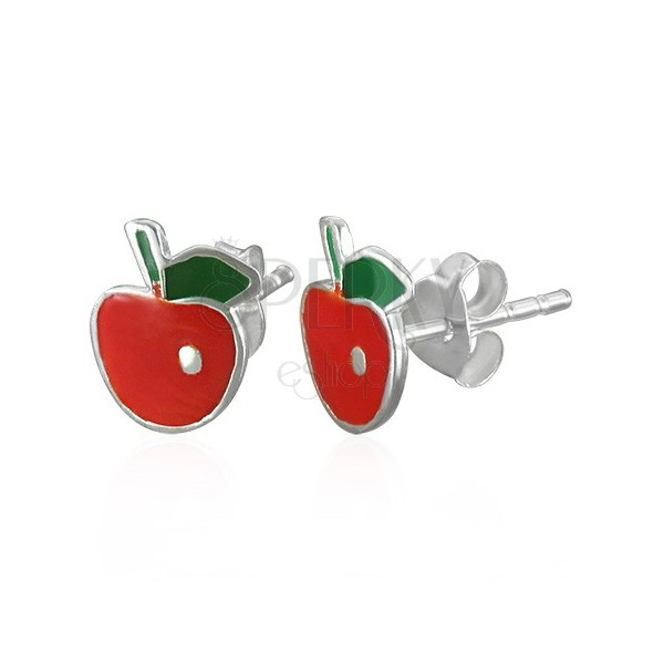 Stud silver 925 earrings - red apple with leaf