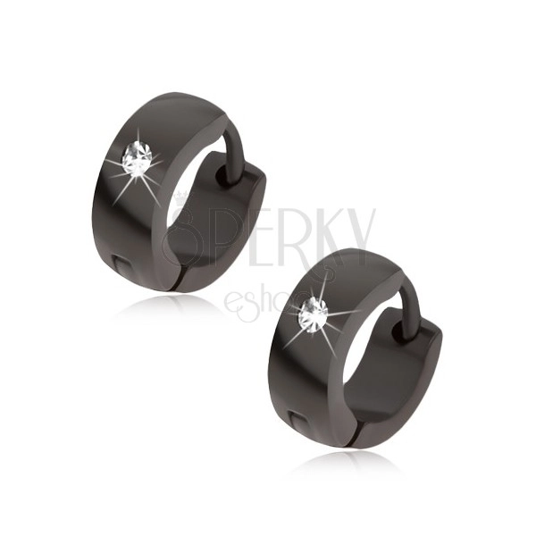 Earrings made of steel of black colour, shiny and smooth surface, clear stone