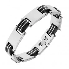 Steel bracelet, mattt links in silver colour, black rubber joints