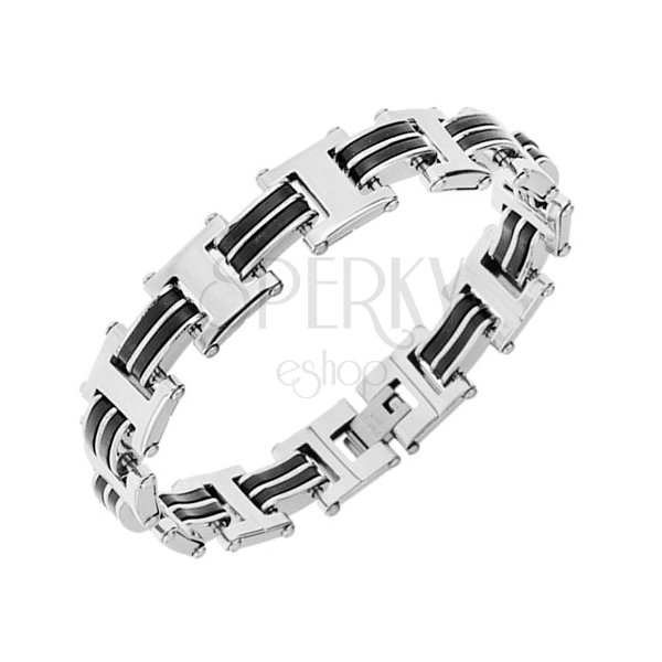 Steel bracelet in silver colour, "H" links, black rubber parts