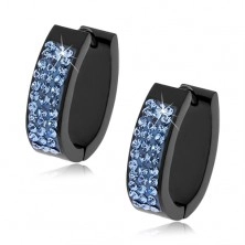 Oval hinged earrings made of steel of black colour, light blue stones