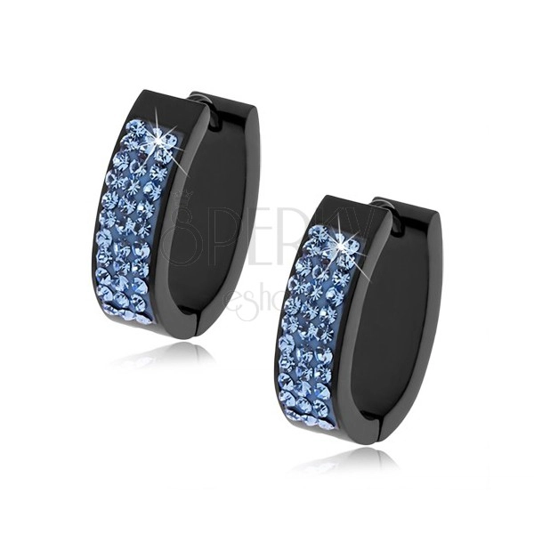 Oval hinged earrings made of steel of black colour, light blue stones