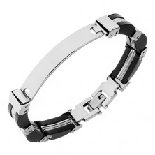 Steel and rubber bracelet, silver and black colour, convex plate