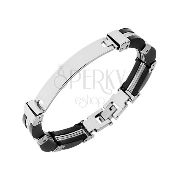 Steel and rubber bracelet, silver and black colour, convex plate