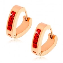 Steel earrings in gold colour, ruby red zircon stripe