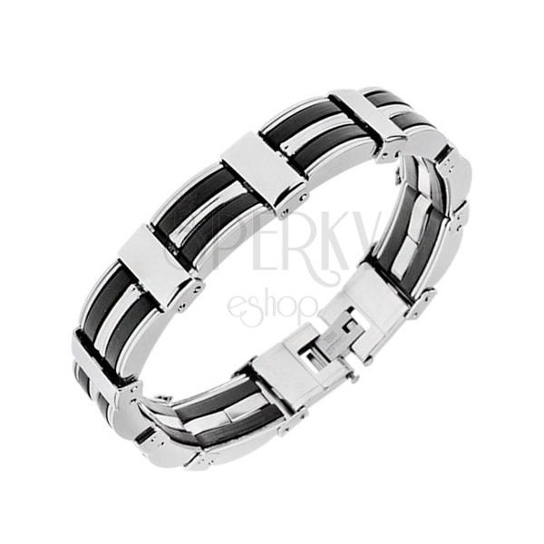 Steel bracelet - convex links in silver colour, black rubber parts