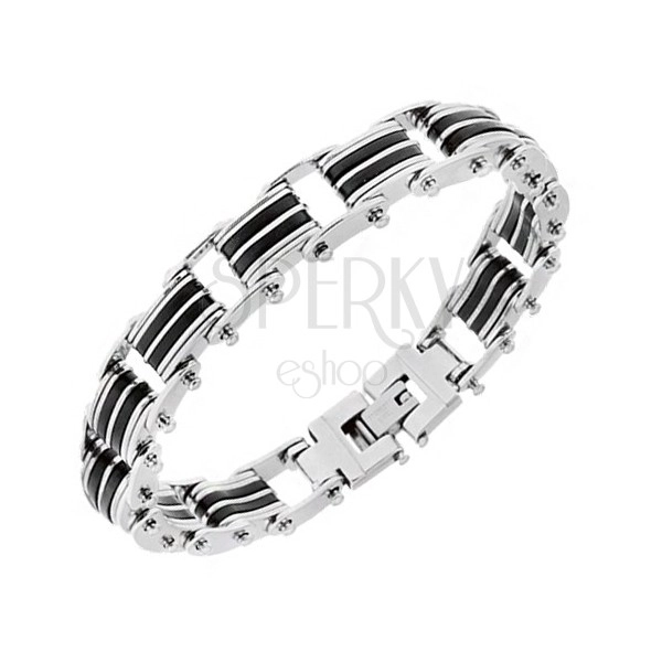 Steel bracelet, glossy convex links in silver colour, black rubber parts