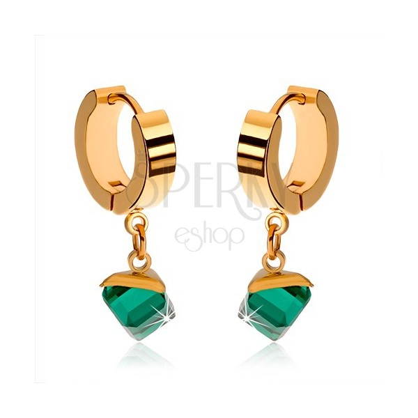 Glossy earrings made of steel in gold colour, dangling emerald green cube