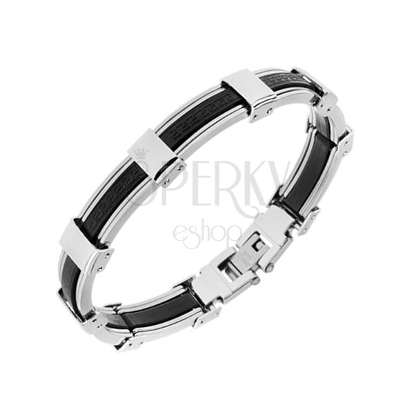 Bracelet made of rubber and steel, black and silver colour, Greek key