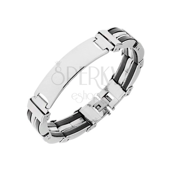 Steel bracelet in silver colour, black rubber joints, bulging tag
