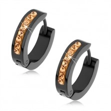 Black earrings made of surgical steel, zircons in gold colour