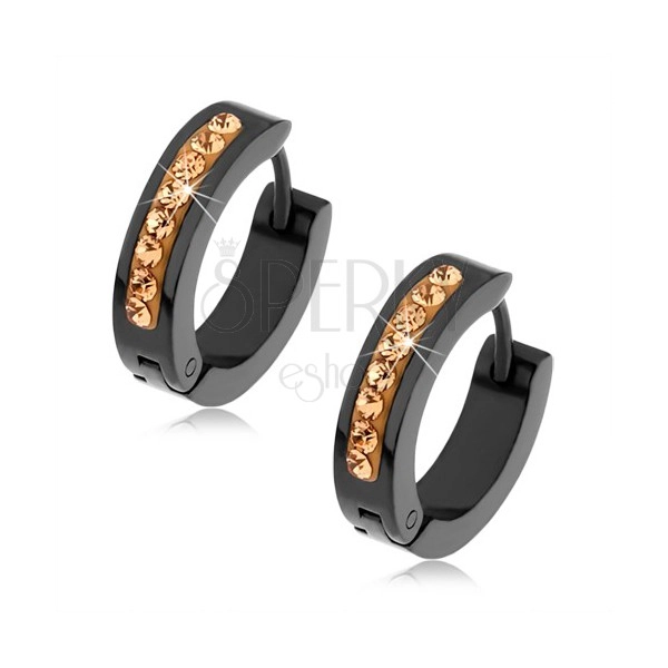 Black earrings made of surgical steel, zircons in gold colour