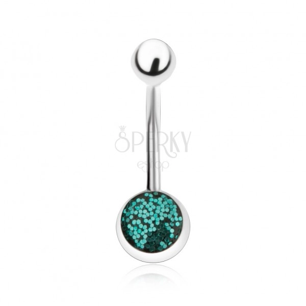 Steel navel piercing of silver colour, turquoise glitters