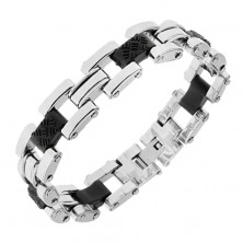 Steel bracelet of silver colour, black rubber joints with decorations