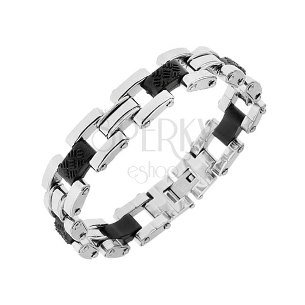 Steel bracelet of silver colour, black rubber joints with decorations