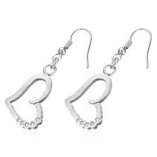 Steel earrings in silver colour, diagonal heart with clear zircons