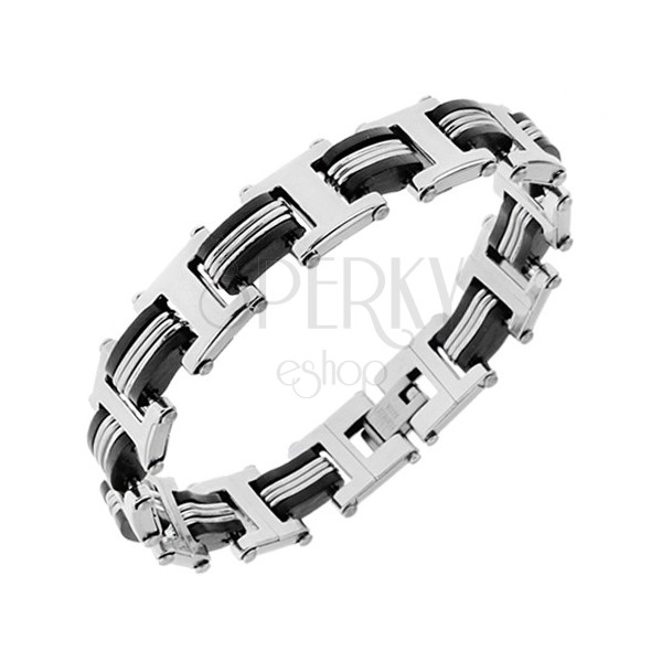 Steel and rubber bracelet, silver and black colour, "H" links