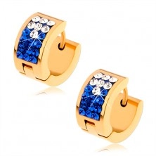 Earrings in gold colour, surgical steel, clear and dark blue zircons