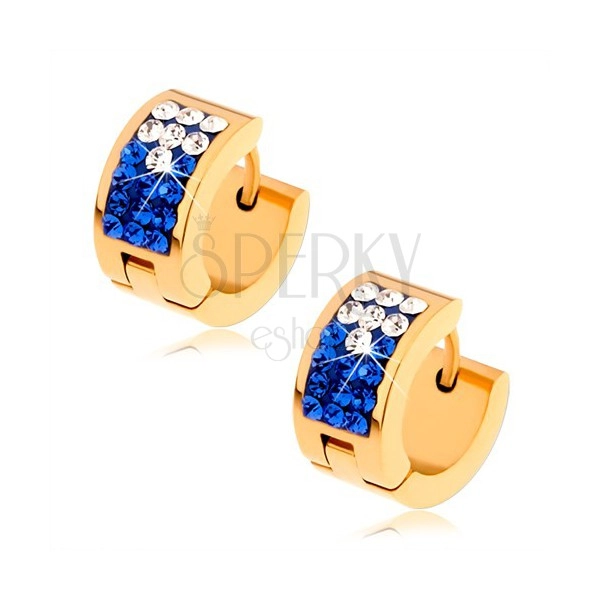 Earrings in gold colour, surgical steel, clear and dark blue zircons