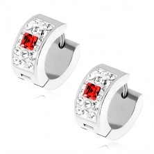 Earrings made of steel in silver colour, clear stones, red zircon square