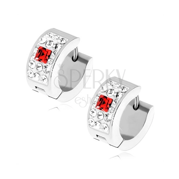 Earrings made of steel in silver colour, clear stones, red zircon square