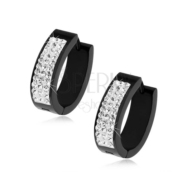 Steel oval earrings, black colour, white stripe, clear zircons