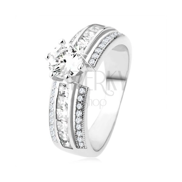 Engangement ring made of 925 silver, lifted decorated line, clear zircon