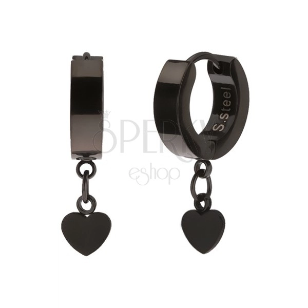 Hinged steel earrings, black colour, dangling pendant of heart