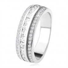 Glimmering wedding ring made of 925 silver, lifted middle stripe, clear zircon
