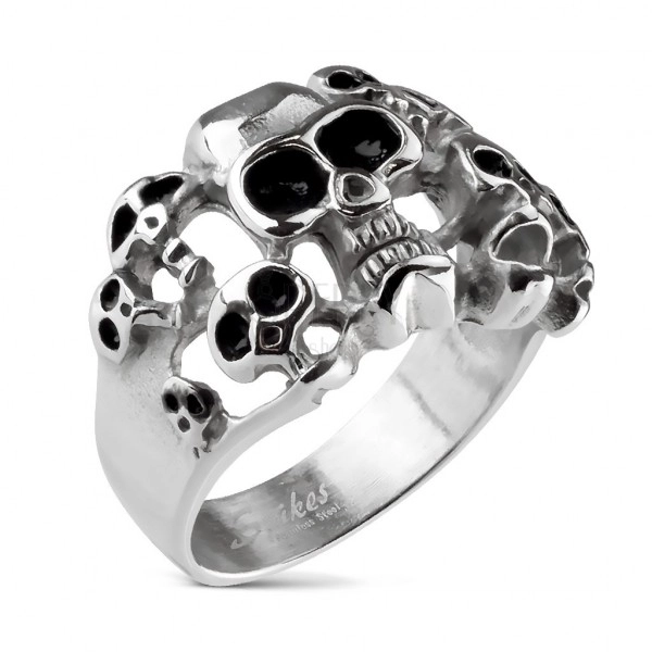 Steel 316L ring of silver colour - ten skulls with glaze of black colour 