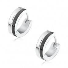 Steel earrings in silver and black colour, decorative notch in the middle