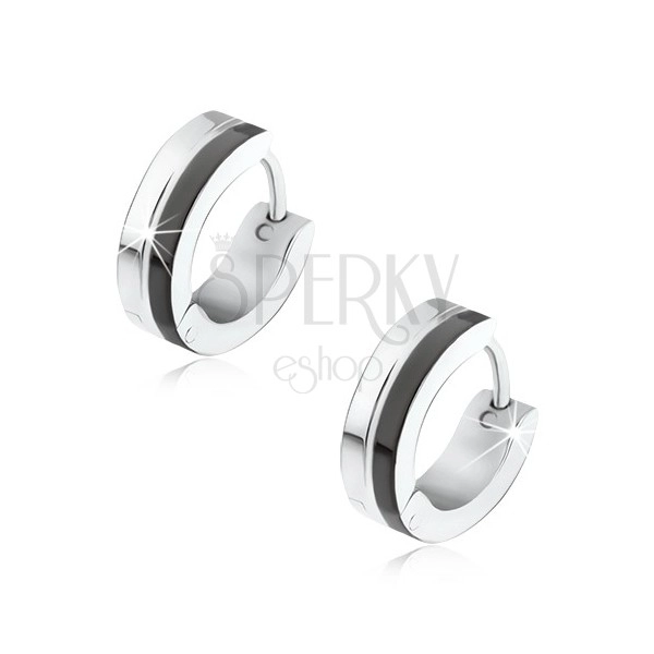 Steel earrings in silver and black colour, decorative notch in the middle