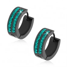 Black huggie earrings made of steel, two stripes of turquoise zircons