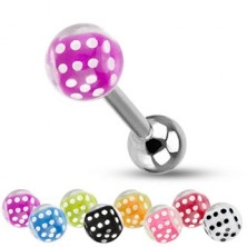 Tongue barbell made of steel, silver colour, balls, colourful dice
