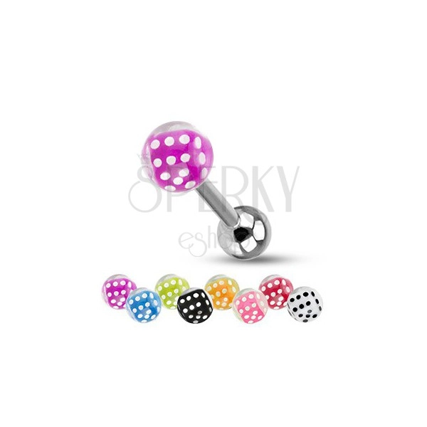 Tongue barbell made of steel, silver colour, balls, colourful dice