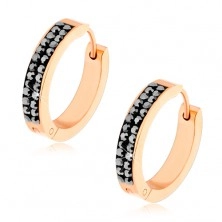 Round earrings made of steel, golden colour, line of black zircons