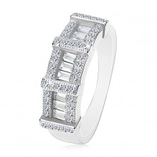 Engagement ring made of 925 silver, rectangular and round zircons