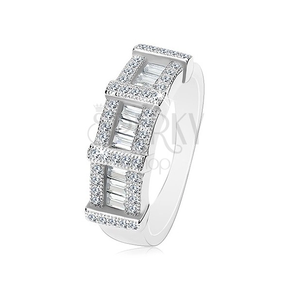 Engagement ring made of 925 silver, rectangular and round zircons