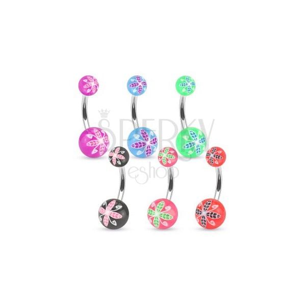Navel piercing made of steel, colourful acrylic balls, floral motif