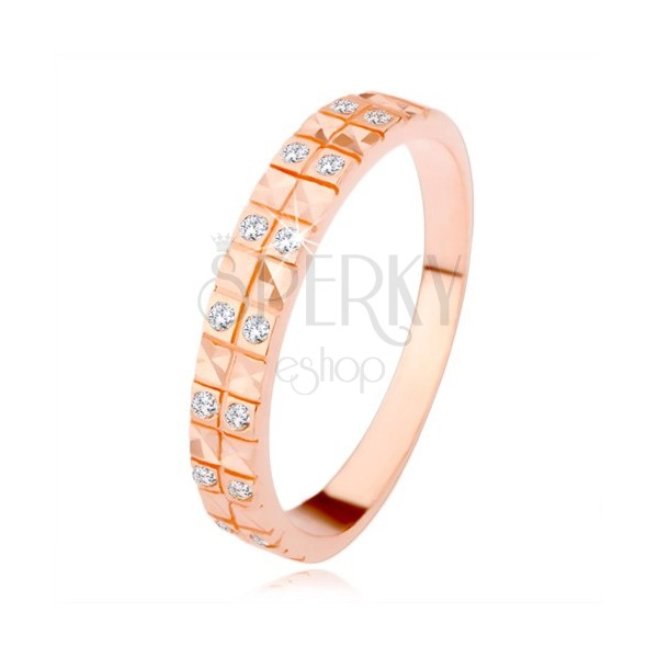 Silver 925 ring in copper shade, diamond cut, clear zircons