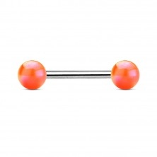 Steel tongue piercing, two colourful balls with metallic glint