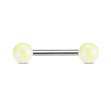 Steel tongue piercing, two colourful balls with metallic glint