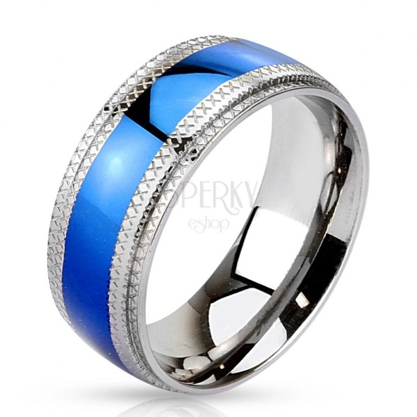 Steel ring - blue strip in the center, notched edges